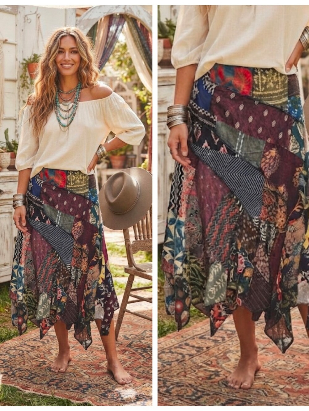 Jaded Gypsy Boho Asymmetrical Patchwork Midi Skirt - Multi